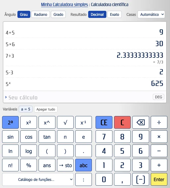 Operações básicas da calculadora científica online