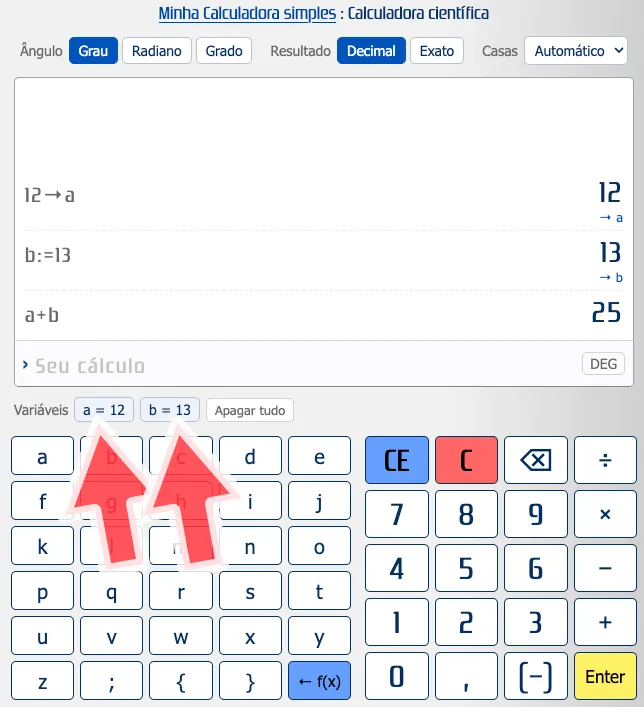 As variáveis na calculadora científica online