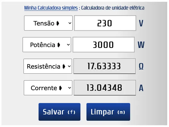 Convertido 230 volts e 3000 watts em ohm e amps