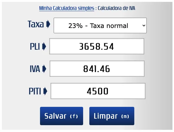 Calcular sem IVA do valor com IVA de 4500 euros