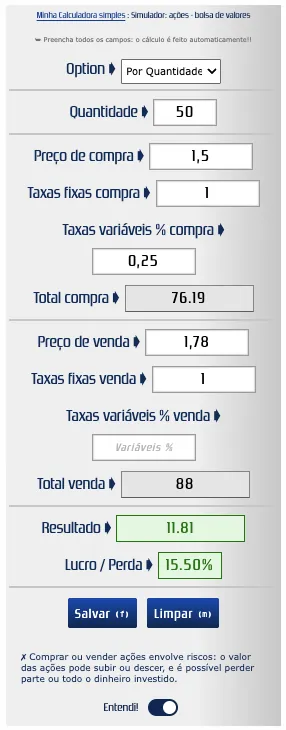 Calcular rapidamente uma operação na bolsa