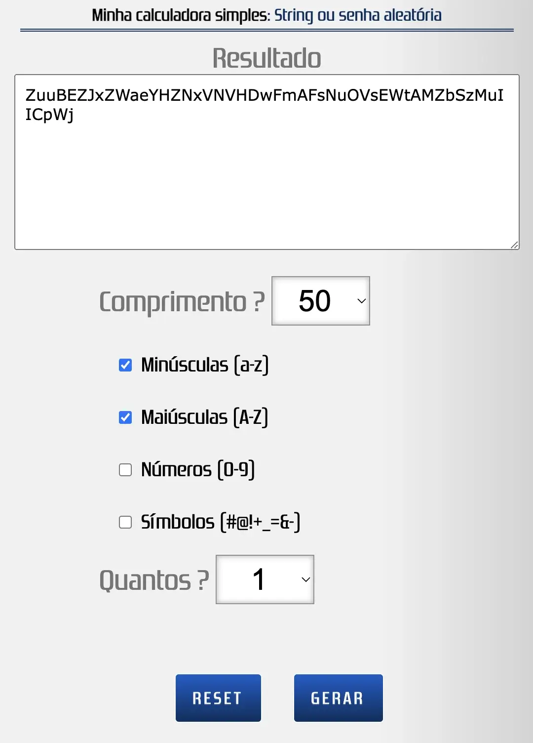 Exemplo de geração de uma string de 50 caracteres