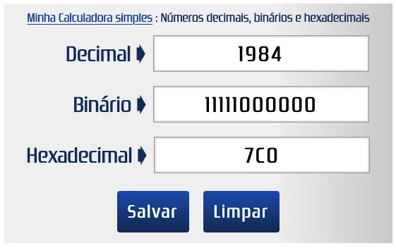 Converter decimal, binário e hexadecimal