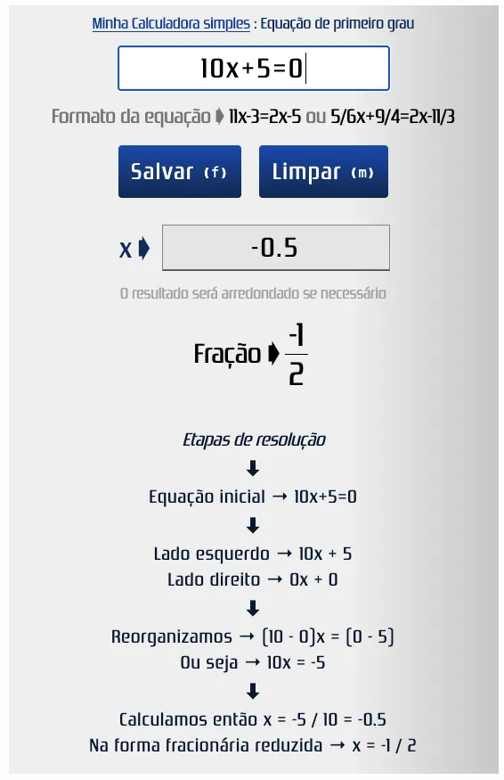 Resolver a equação 10 x + 5 = 0