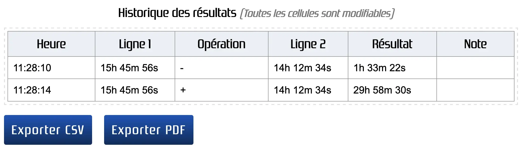 Histórico dos resultados para cálculo de duração ou tempo através de uma calculadora online